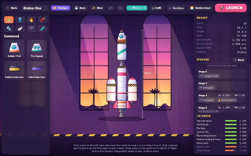 Afterglow rocket builder with parts, staging and delta-v panels