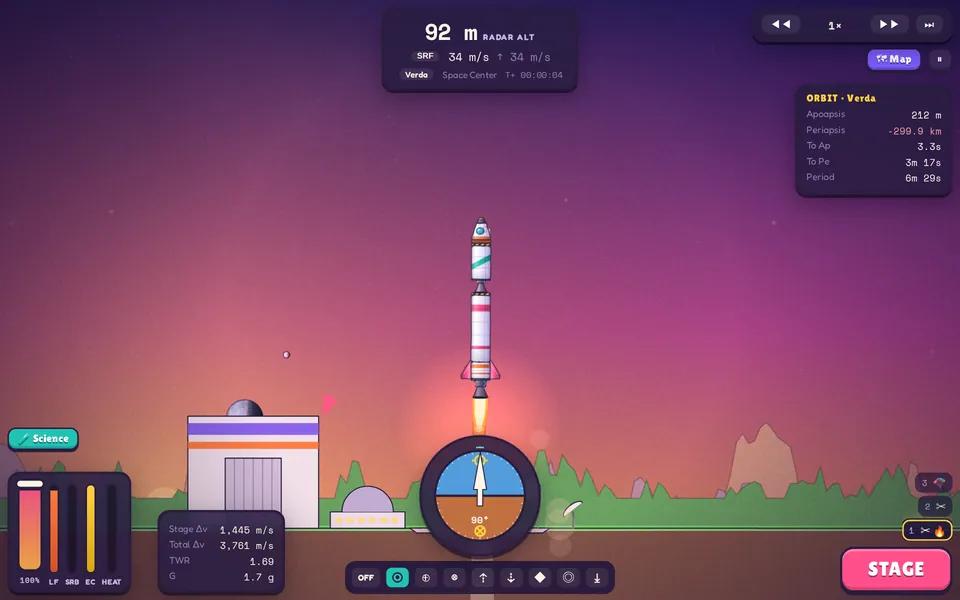 Afterglow flight view: a rocket climbs away from the space center
