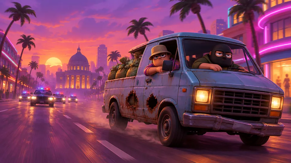 Cashing Out concept art: a beat-up getaway van speeds away from police at dusk