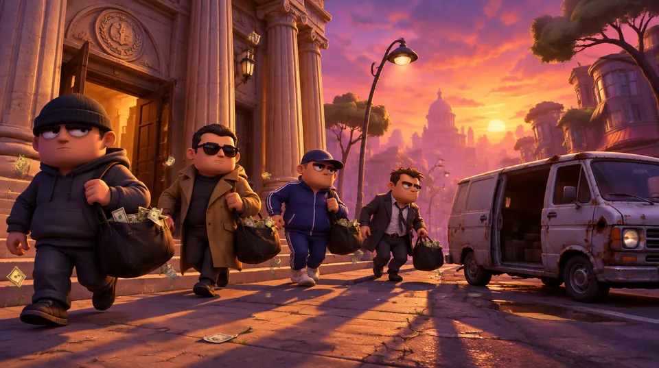 Cashing Out concept art: four chunky robbers carry duffel bags of cash out of a grand bank at sunset