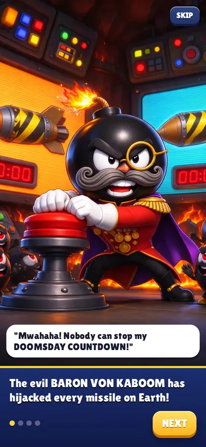 Defuse Squad story scene with the villain Baron Von Kaboom pressing a big red button