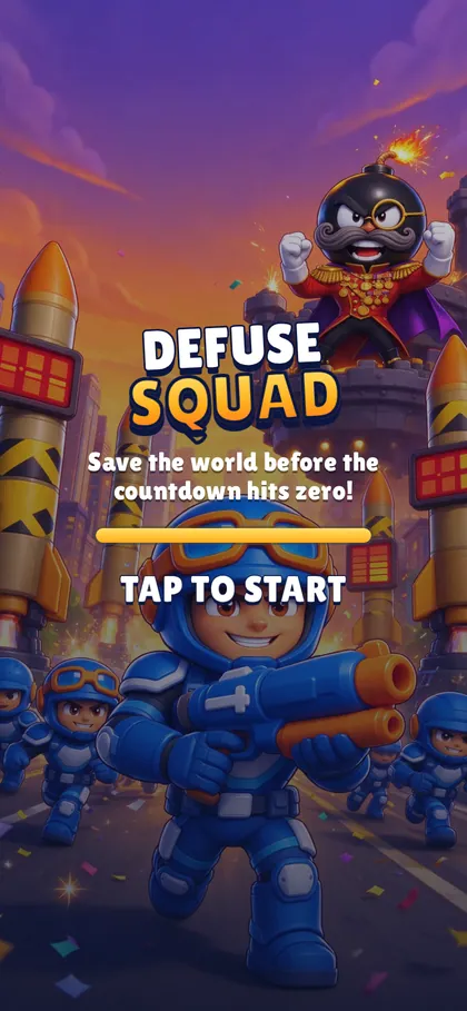 Defuse Squad title screen with the hero squad and Baron Von Kaboom