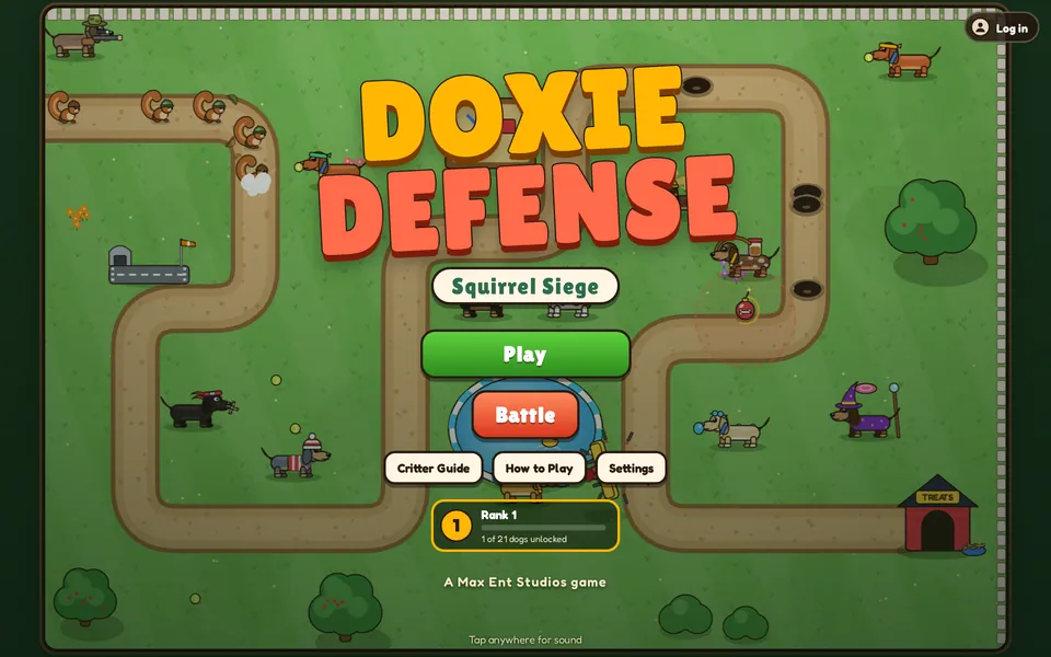 Doxie Defense: Squirrel Siege title screen with Play and Battle buttons