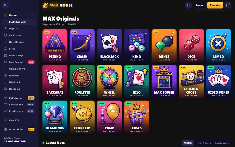 MAX HOUSE MAX Originals lobby with Plinko, Crash, Mines, Dice and more game tiles